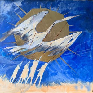 Children Holding Cranes Painting: Blue and Gold Acrylic, Symbolic Surreal Art (48x42 in)