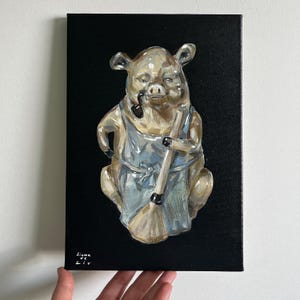 Pintura de cerdo de porcelana • Arte de animales de granja de estilo vintage • Acrílico sobre lienzo • Figura de cerdo caprichosa con pipa • Lista para colgar