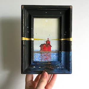 Red Lighthouse Painting: Miniature Framed Seascape Acrylic Artwork