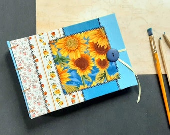 Blue Vintage Sunflower Blank Journal & Sketchbook, Handbound Blank Journal, Hardcover Watercolor Mixed Media Art Journal, Drawing Notebook