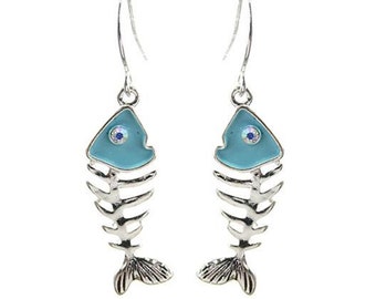 Long Punk Fishbone Dangle Earrings For Women & Men - CZ Diamond Skeleton Chain Earrings, Gothic Statement Jewelry Gift