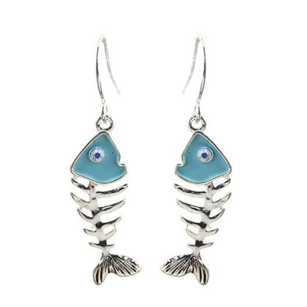 Novelty Fish Bone Skeleton Earrings, Silver Dangle Earrings with Turquoise Rhinestones, Funky Boho Drop Statement Beach Jewelry