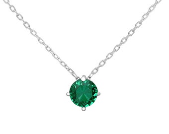 Emerald Sterling Silver Chain Necklace, Simple Dainty Birthstone Cubic Zirconia Necklace