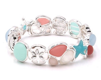 Beach Sea Glass Stretch Cuff Bracelet Sea Women NEW