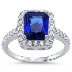 Emerald Cut Blue Sapphire & CZ Sterling Silver Ring Engagement Cocktail ...