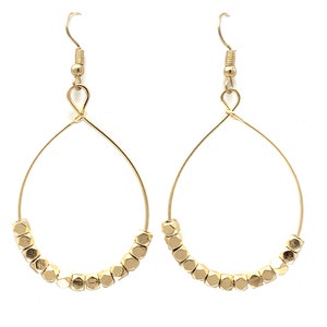 Gold Beaded Hoop Earrings, Dangle Drop Thin Gold Hoops With Square Bead Trendy Teardrop Dangle Drop Earrings Gift For Her Fashion Jewelry