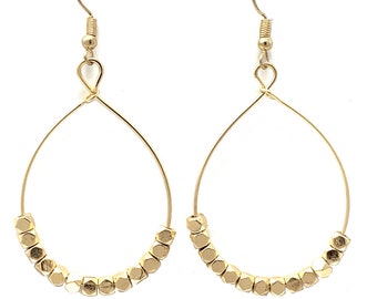 Gold Beaded Hoop Earrings, Dangle Drop Thin Gold Hoops With Square Bead Trendy Teardrop Dangle Drop Earrings Gift For Her Fashion Jewelry