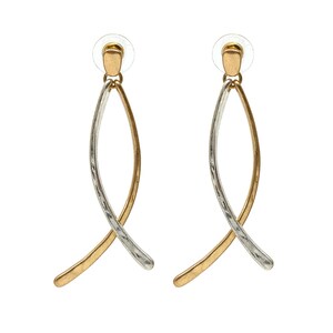 Long Hammered Gold and Silver Swaying Curve Line Dangle Drop Stud Earrings - Unique Statement Jewelry for Women