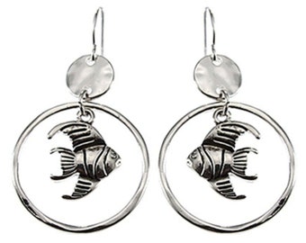 Fish Silver Hoop Earrings, Drop Dangle Unique Cute Animal Beach Nautical Ocean Jewelry