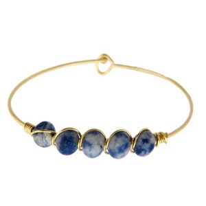 Blue Sodalite Beaded Gold Bangle Bracelet, Natural Gemstone Bracelet, Dainty Wire Stacking Boho Bracelet, Healing Bracelet For Women