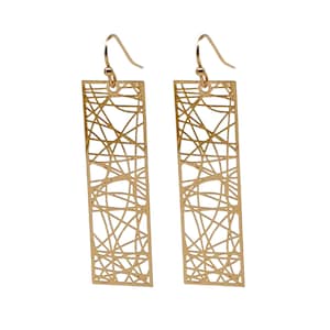 May include: A pair of gold-toned dangle earrings with a geometric design. The earrings are made of thin metal wires that are woven together to create a delicate and intricate pattern.