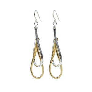 Gold Silver Teardrop Hoop Earrings, Unique Trendy Two Tone Statement Earrings, Minimalist Double Hoop Everyday Earrings