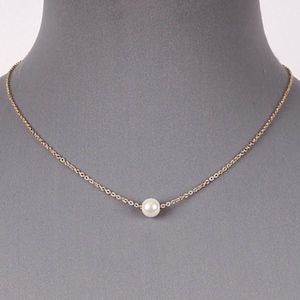 Floating Single White Pearl Dainty Gold Chain Necklace Delicate June Birthstone Pendant Simple Minimalist Jewelry