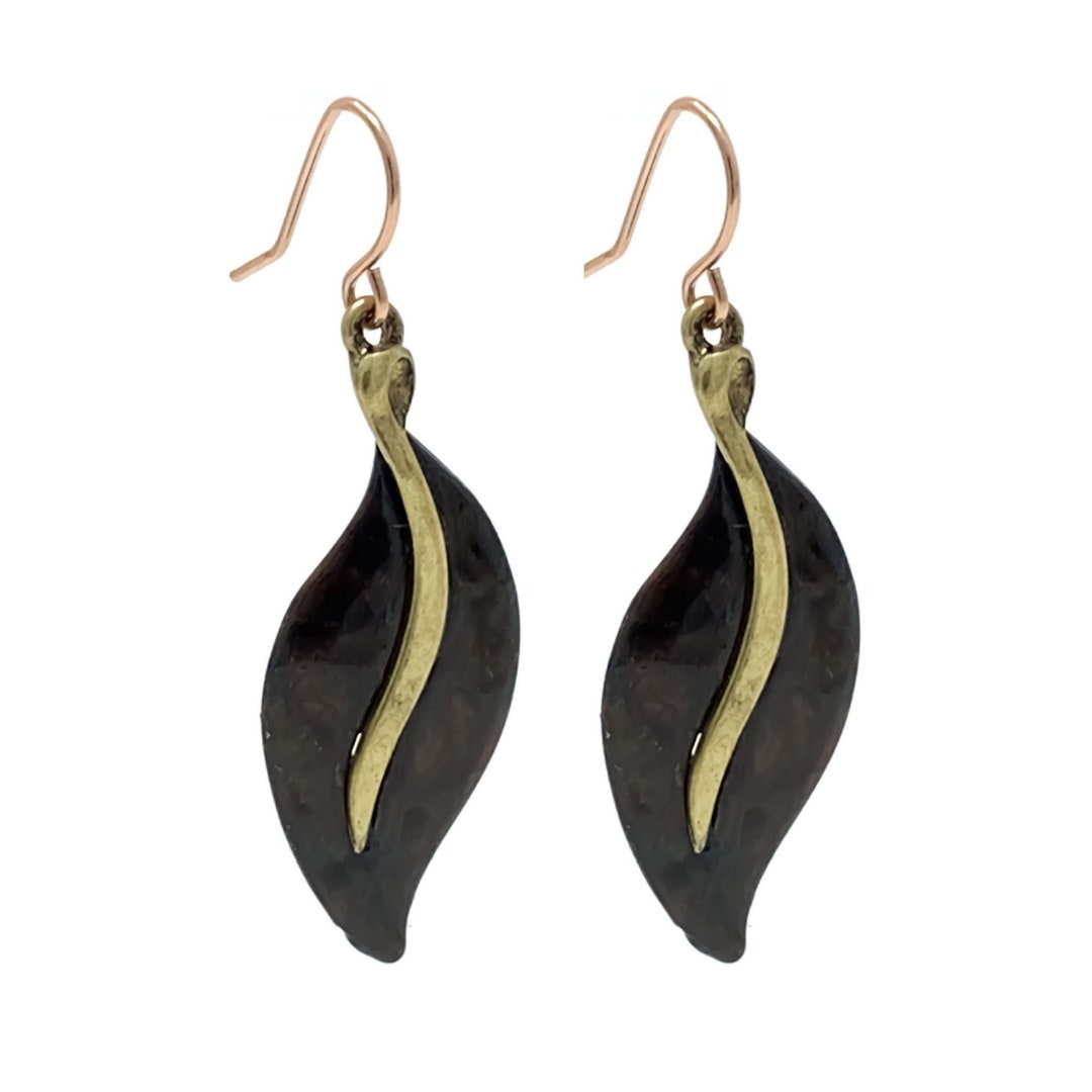 Patina Gold Leaf Earrings Dangle Hook Hammered Earrings Boho - Etsy