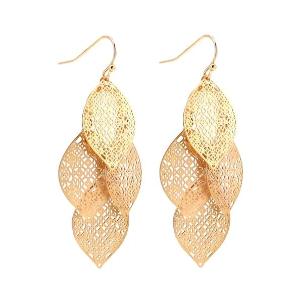 Gold Filigree Chandelier Leaf Earrings, Cute Everyday Edgy Statement Earrings, Cool Unique Stacking Drop Dangle Boho Fashion Jewelry