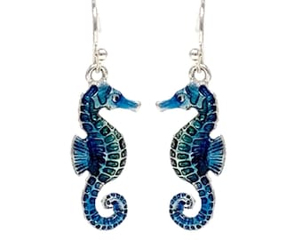 Teal Blue Seahorse Earrings - Dangle Drop Beach Wedding Bridal Jewelry - Cute Dangly Unique Earrings