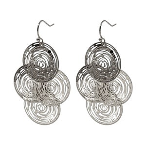 May include: Silver dangle earrings with three layered circular designs. Each circle has a swirl pattern.
