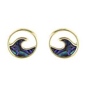 May include: A pair of gold-tone stud earrings featuring a wave design. The wave is filled with iridescent blue and green abalone shell, set within a circular frame. The earrings are presented on a white background.