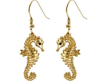 Gold Seahorse Earrings, Dangle Drop Beach Wedding Bridal Jewelry, Cute Fun Dangly Unique Fish Earrings