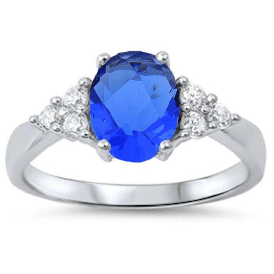Oval Blue Sapphire CZ Cluster Sterling Silver Ring September - Etsy