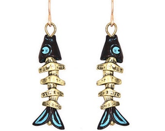 Gold Fish Bone Dangle Earrings Nautical Coastal Ocean Beach Statement Fishbone Drop Blue Unique For Women Jewelry