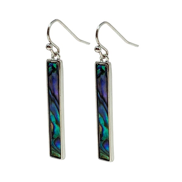 Silver Abalone Shell Bar Earrings, Dainty Unique Abalone Jewelry, Rectangle Blue Green Earrings Dangle That Make Everyday Statement