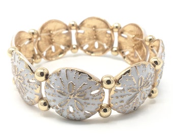 Gold Sand Dollar Stretch Bracelet with White Accent, Woman's Gold & White Sand Dollar Stretch Beach Charm Bracelet Sea Life Jewelry Gift