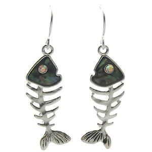 Silver Abalone Fish Bone Dangle Earrings Rhinestone Accent Woman&#39;s Beach Summer Ocean Nautical Sea Animal Fashion Jewelry Unique Fun