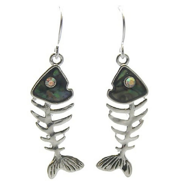 Silver Abalone Fish Bone Dangle Earrings Rhinestone Accent Woman's Beach Summer Ocean Nautical Sea Animal Fashion Jewelry Unique Fun