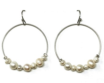 Freshwater Pearl Earrings, Silver Hoop Earrings, Bridesmaid Dangle Earrings Thin Delicate Wedding Bridal Jewelry, Gift For Girlfriend