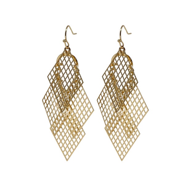 Gold Filigree Rhombus Chandelier Earrings | Luxury Statement | Elegant Boho Geometric | Hypoallergenic Gifts For Her