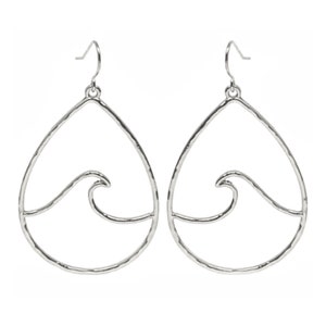 Silver Wave Teardrop Earrings, Fun Large Hoop Statement Dangle Drop Boho Summer Ocean Sea Beach Earrings