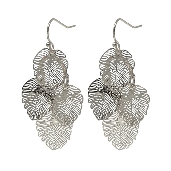 Silver Monstera Leaf Chandelier Earrings, Drop Dangle Unique Stacking Statement Jewelry, Cute Everyday Boho Plant Nature Earrings