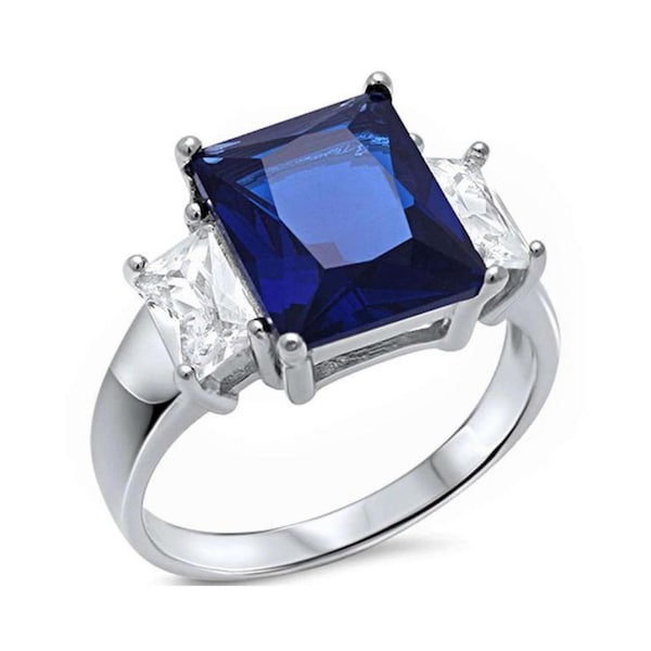 Blue Sapphire Sterling Silver Ring Cocktail Birthstone Jewelry September Promise Engagement Wedding Anniversary Elegant Radiant Cut