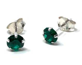 Emerald Green Cubic Zirconia Silver Stud Earrings, Post Gemstone Earrings, Sterling Simple Jewelry, Minimalist Earrings, Small Stone Earring