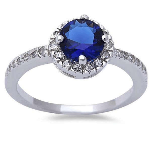 Blue Sapphire Halo Sterling Silver Ring Cocktail Elegant September Birthstone Promise Engagement Wedding Anniversary