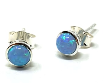 Blue Opal Earrings, Opal Stud Earrings, Sterling Silver Stud Earrings, October Birthstone Dainty Earrings Gift For Her Opal Jewelry