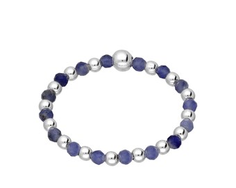 Adjustable Stretch Sodalite Ring, Sterling Silver Blue Beaded Gemstone Stacking Ring, Stackable Dainty Birthstone Women's Jewelry