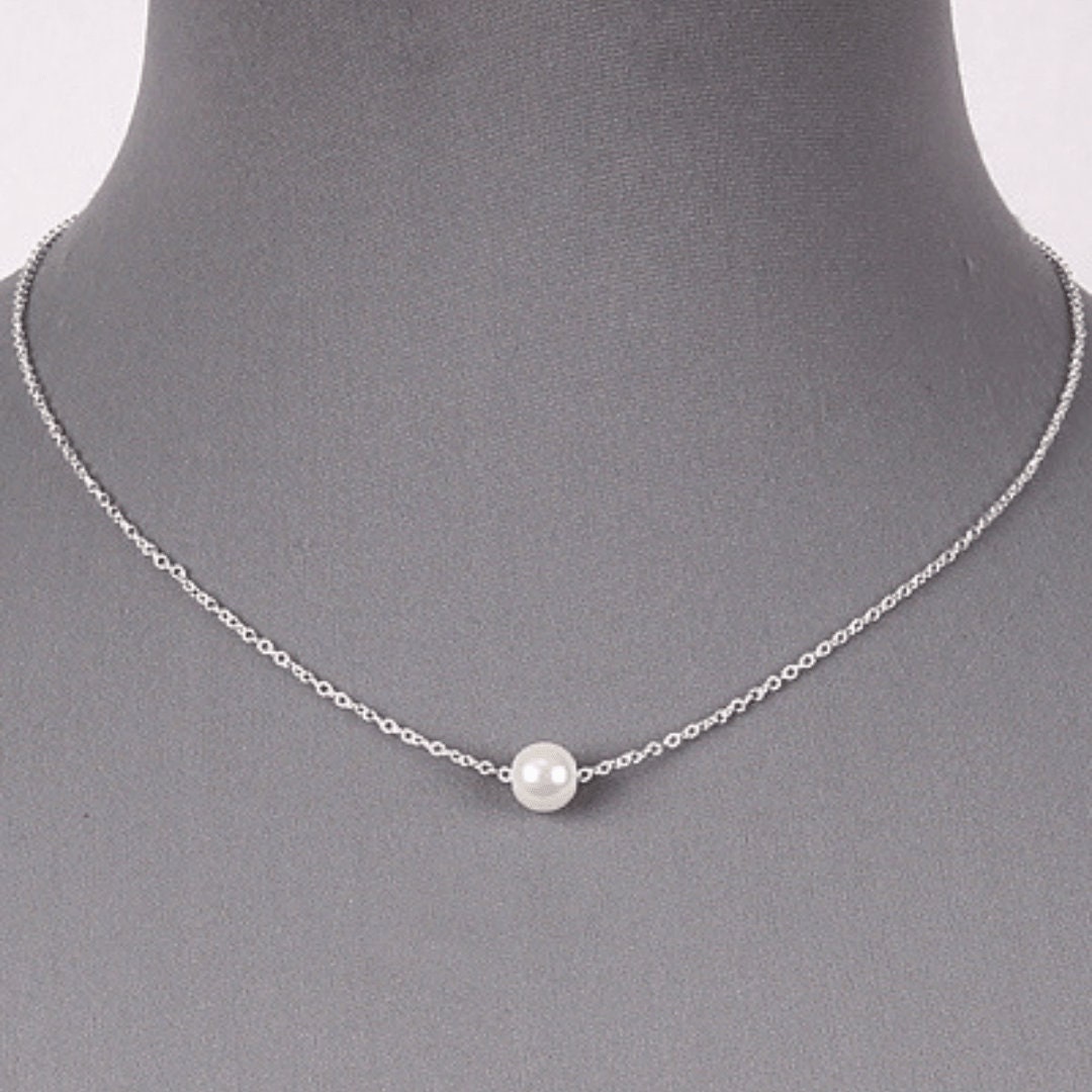 Floating Single White Pearl Dainty Silver Chain Necklace