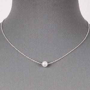 Floating Single White Pearl Dainty Silver Chain Necklace Delicate June Birthstone Pendant Simple Minimalist Jewelry