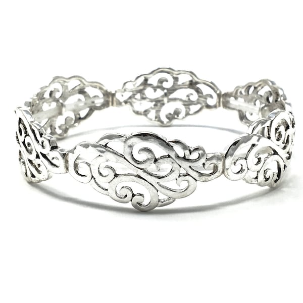 Antique Silver Filigree Stretch Bracelet Unique Gift For Her Women's Wrist Statement Vintage Fashion Jewelry