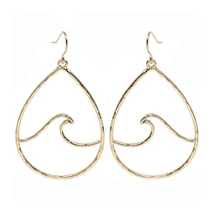 May include: Gold teardrop shaped earrings with a wave cutout design.