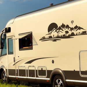 Pegatina Autocaravana Camping Skyline con Montañas Caravana Pegatina Coche Pegatina Laptop Foil Cut Plot