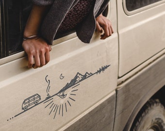 Autoaufkleber Natur Camping auf Linie im Kreis Aufkleber Sticker Vanlife Van Camper