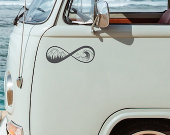 Op de afbeelding: Een witte bestelwagen met een zwarte sticker in de vorm van een oneindigheidssymbool aan de zijkant. Het symbool is gevuld met een bergketen aan de ene kant en een golf aan de andere kant.