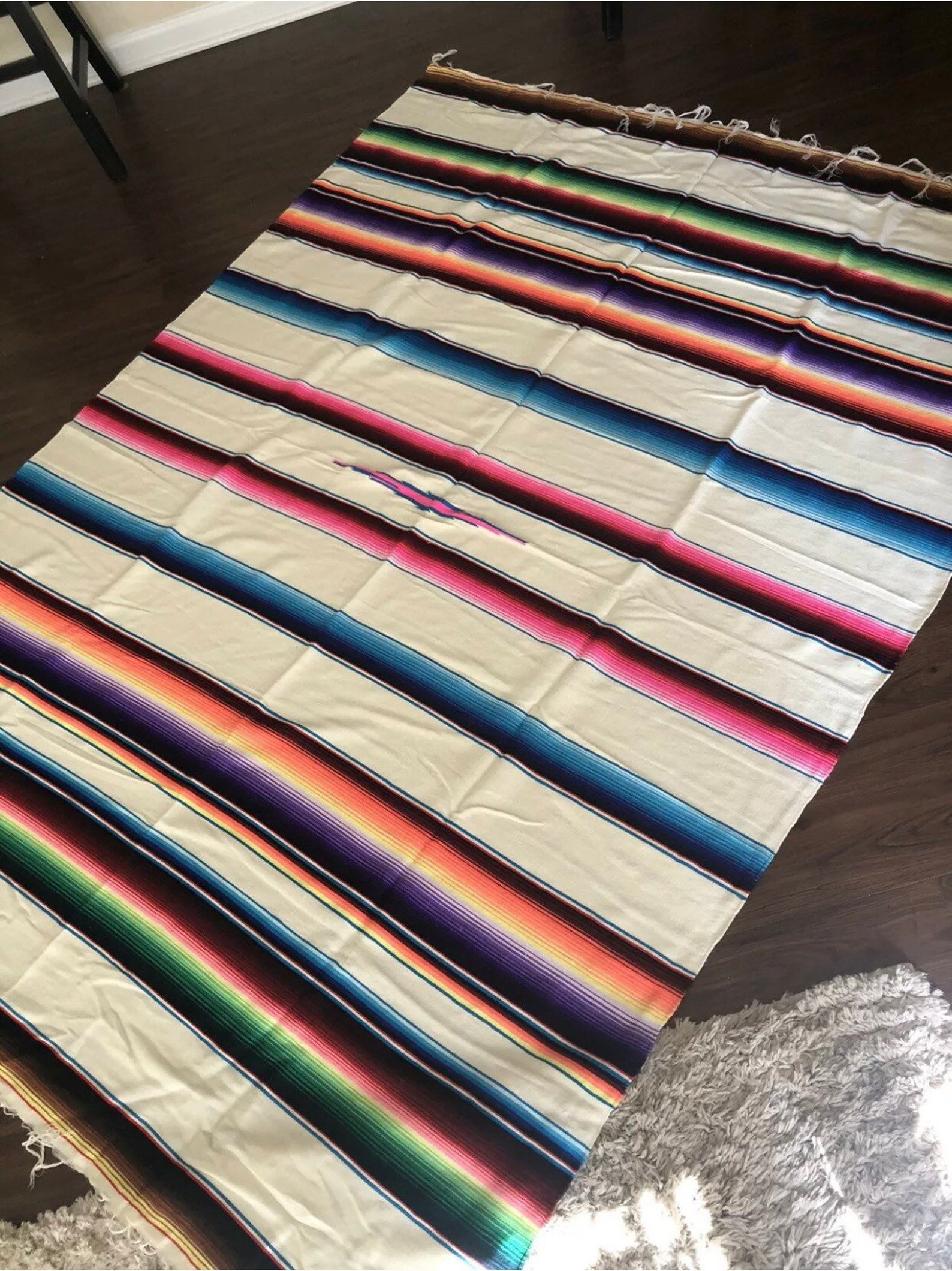 Vtg Huge Rainbow Saltillo Serape Mexican Fringed Blanket Rug Etsy