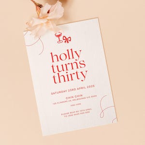 Plantilla de Canva para invitación de cumpleaños con lazo rojo / Invitación moderna para el 30.° cumpleaños / Descarga digital editable / Invitación elegante para fiesta