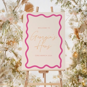 Letrero de bienvenida en amarillo y rosa, letrero de boda ondulado, despedida de soltera, letrero de bienvenida para bodas, diseño de garabatos, letrero con diseño de ondas, papelería para eventos