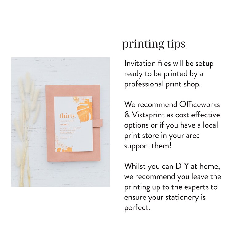 May include: A pink folder with a white and orange invitation card inside. The invitation card says "thirty." and has a tropical leaf design. The text "printing tips" is written in black on a white background.