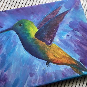 Acrylic hummingbird painting, vibrant multicolor